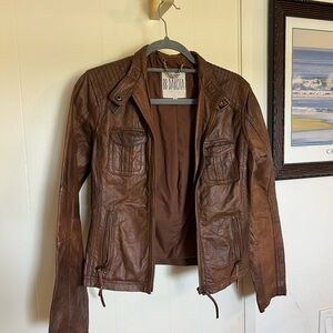 BB Dakota Brown Quilted-Shoulder Leather Moto Jacket